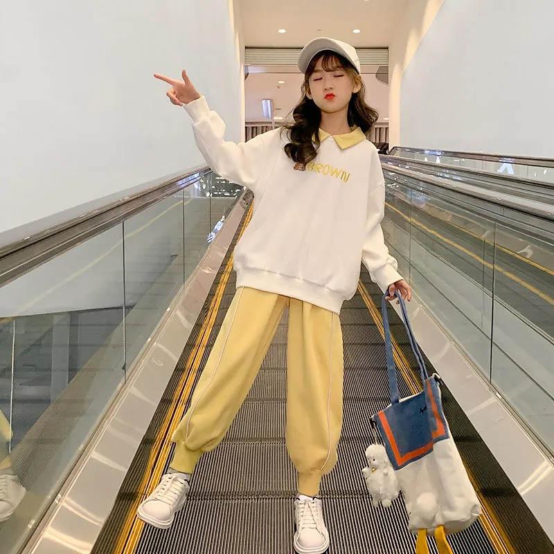Spring and Autumn Girls Two-piece Set Comfortable Breathable Pullover Printing Fashion Lapel Sweater Casual Pants Suit