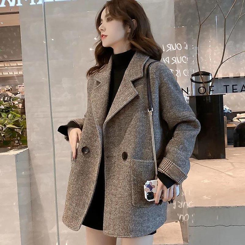 Coat Women's Spring and Autumn British Style Woolen Plus Cotton Thickened Loose and Thin Casual Coat