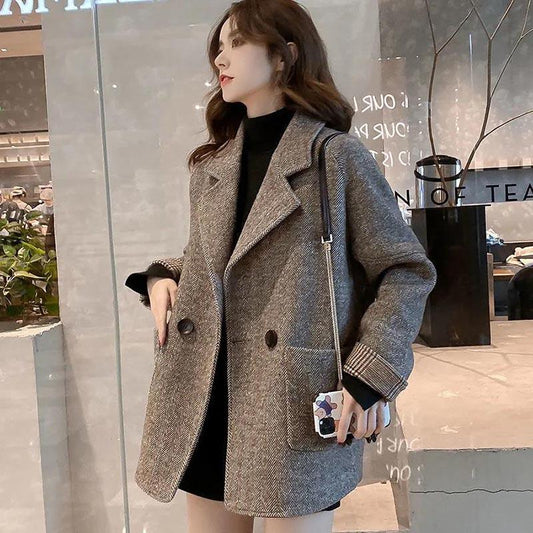 Coat Women's Spring and Autumn British Style Woolen Plus Cotton Thickened Loose and Thin Casual Coat