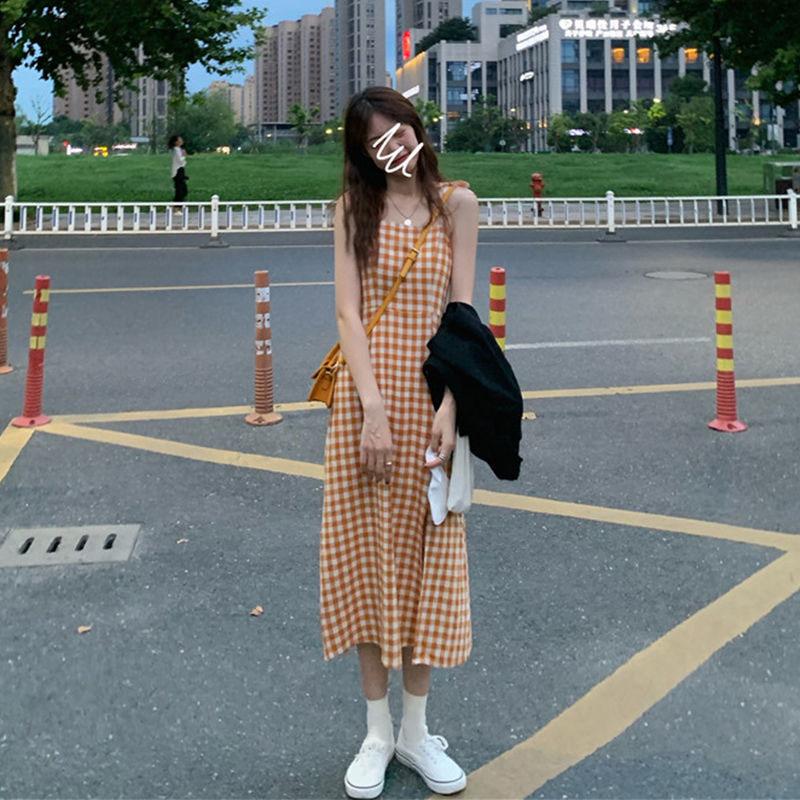 Summer First Love Sling Dress Female Plaid Slit Waist Is Thin and Gentle Style Long Dress