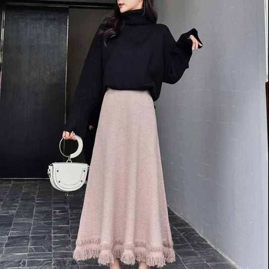 Autumn and Winter Knitted Skirts Women's Mid-length Winter Skirts, A-line Thick Woolen Yarn Winter Sweaters Skirts Long Skirts