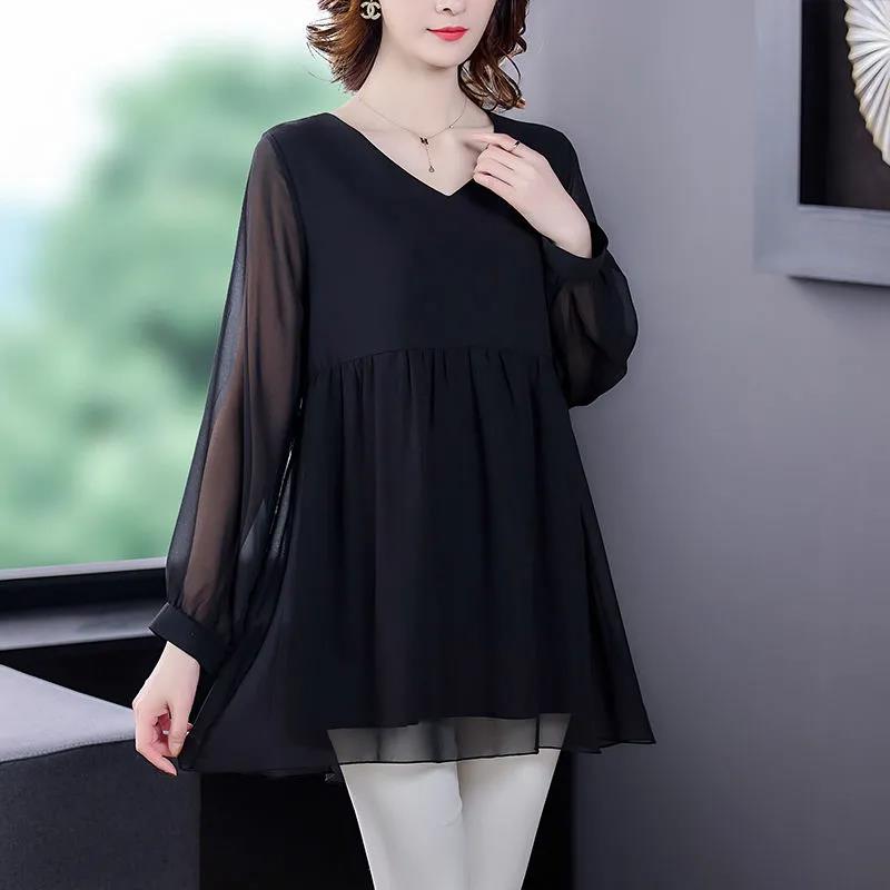 Fall Summer Women's Chiffon Sexy See Through Mesh Blouse Long Sleeve Transparent Solid Color Elegant TShirt Ladies Tops Pullover
