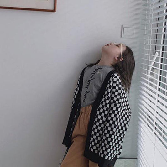Spring and Autumn Children's Wear Long Sleeve Knit Cardigan Fashion Check Loose Sweater Jacket