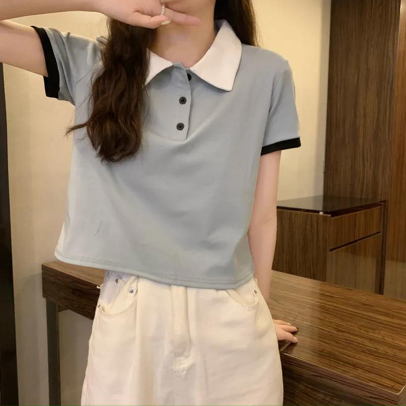 Women's Summer Short Sleeve T-Shirts Polo Collar Cropped Tops Women