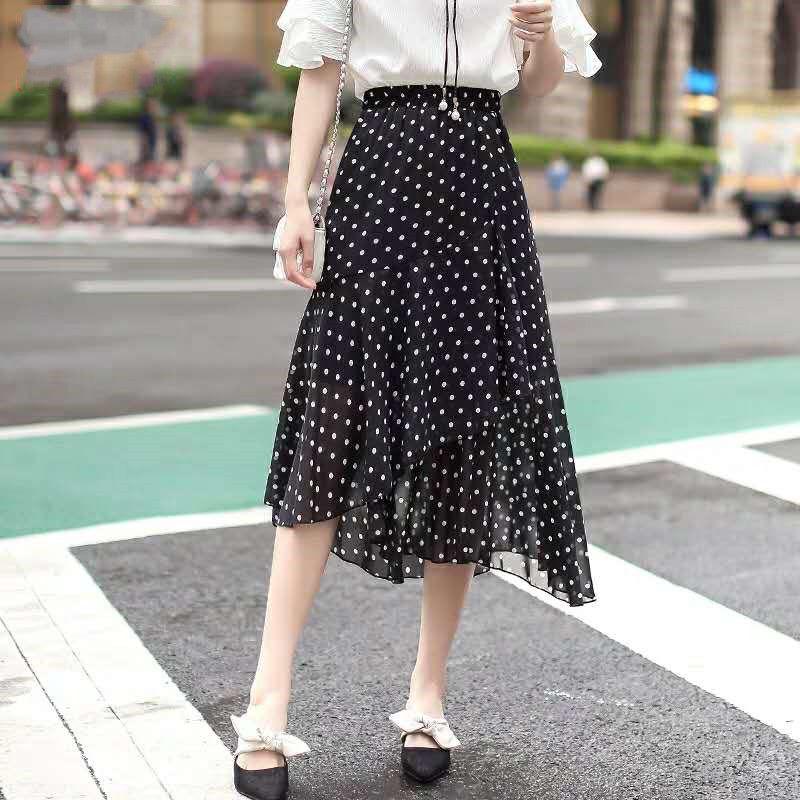 Womens Summer Skirts Korean Style Design Date Fashion Floral Printed Chiffon High Waist Long Skirt