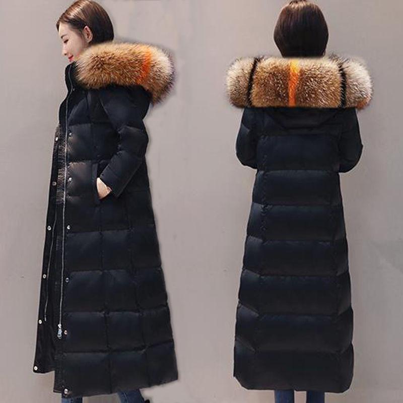 Winter Women's Down Jacket with Large Fur Collar Over The Knee Hooded Jacket Plus Down Padded Down Jacket