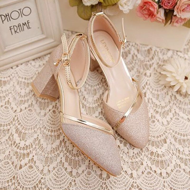 Spring  Summer Sandals Female Students Korean Version  Wild Thick Heels One-word Buckle  High Heels Mid-heel  Single Shoes