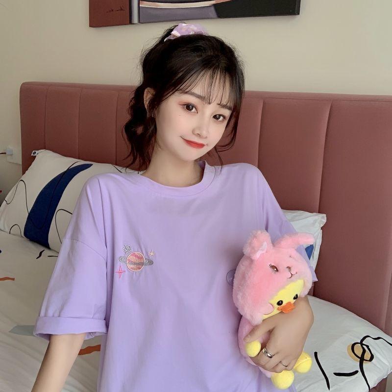 Solid Color Round Neck T-shirt Summer Planet Embroidery Loose Breathable Women's Tops Ladies Basic Tee Shirt
