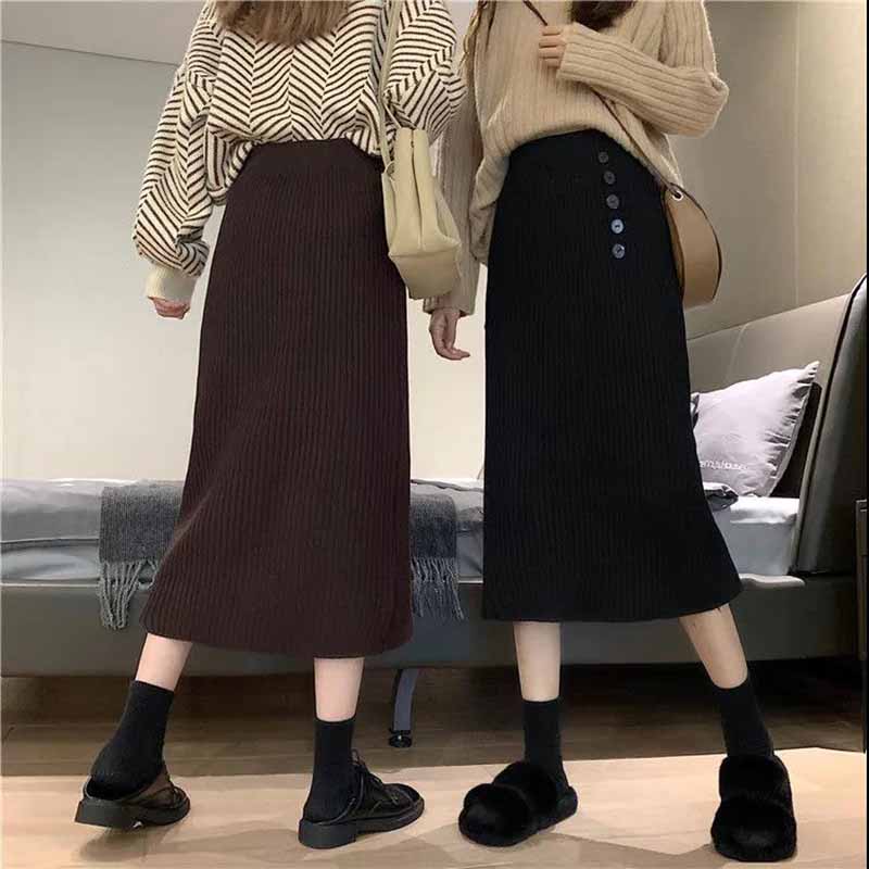 Knitted Half-length Skirt Autumn and Winter Female Korean Temperament Package Hip One-step Skirt Wild High-waisted Thin Mid-length A-line Skirt