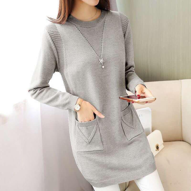 Women's Mid-length Knit Sweater  dress Winter Loose Round Neck Pullover Sweater Thick Knitwear Skirt with Pockets