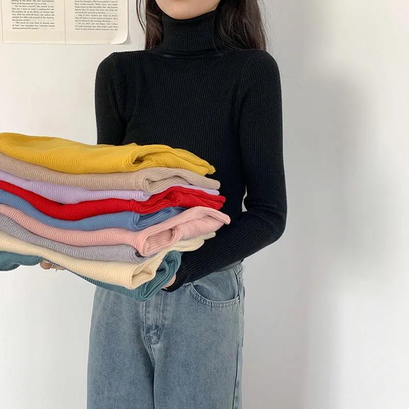 Solid Color Turtleneck Sweater Women New All-match Autumn Winter Slim Slimming Long-sleeved T-shirt Bottoming Shirt Tops