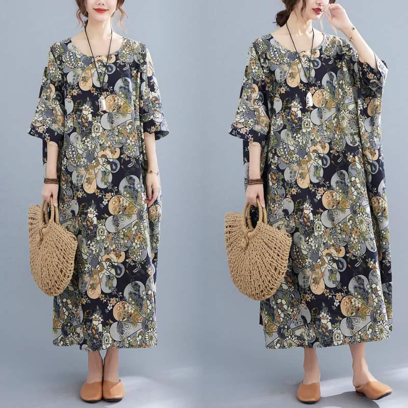 WTEMPO Printing Cotton and Linen Plus Size Ladies Dress Summer 1/2 Sleeve Round Neck Long Dress Casual Full Length