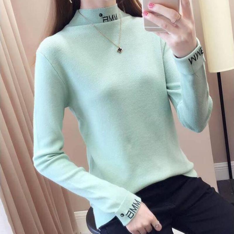 Pofulove Women Letter embroidered turtleneck sweater winter warm pullover knit bottoming jumper