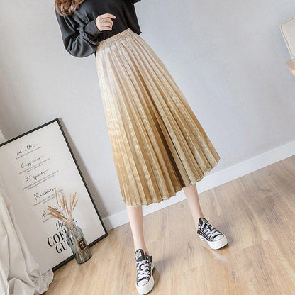Spring Women Long Metallic Silver Maxi Pleated Midi Skirt High Waist Elascity Casual Party Skirt