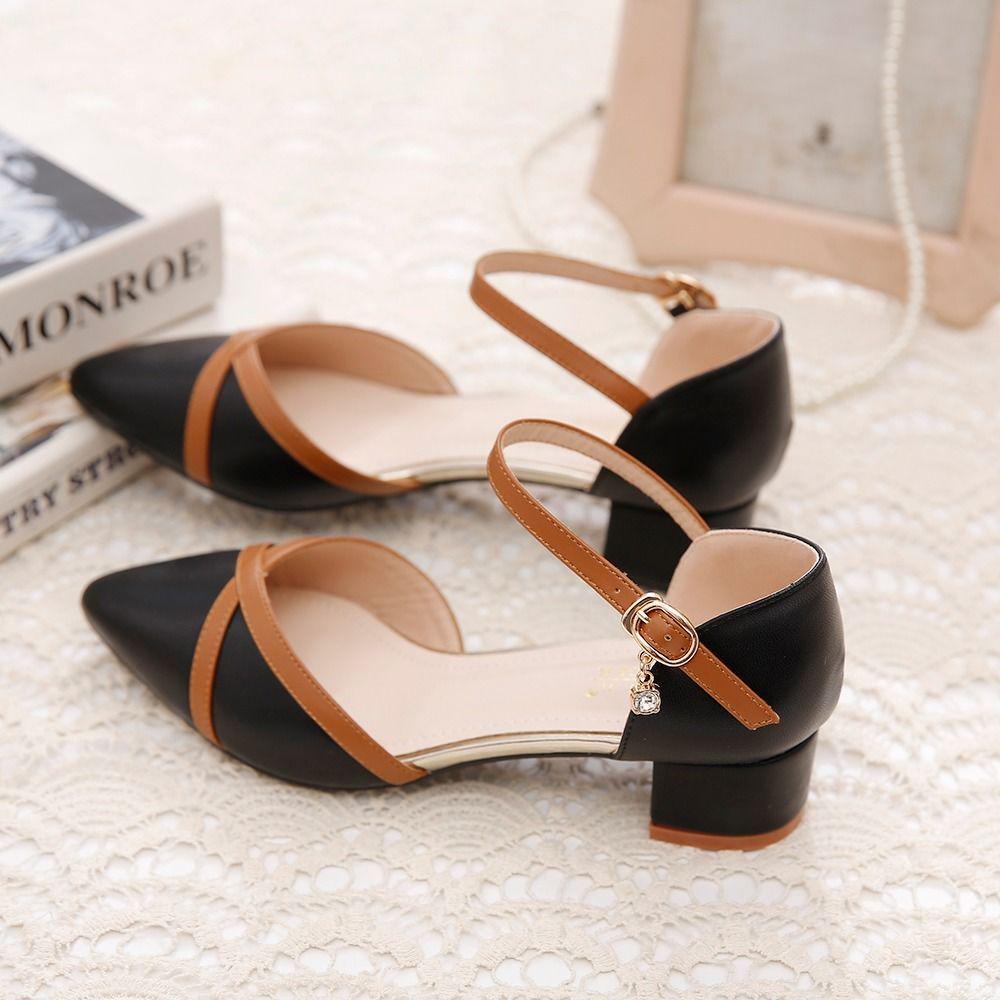 Baotou Sandals Female 2020 Spring and Summer Word Buckle Thick Heel with Wild Matching Color Matching Korean Pointed Single Shoes Women