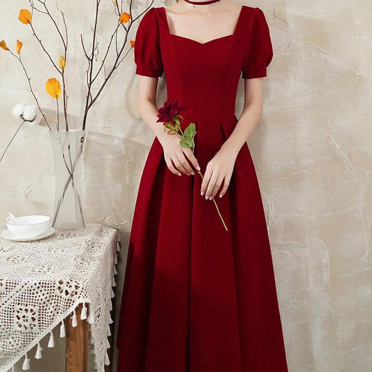 Temperament Evening Dress Wine Red French Square Collar Palace Dress Bridesmaid Dress Women Daily Wear
