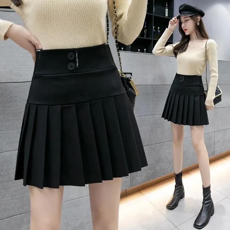 Black Pleated Skirt Spring and Autumn Design Letter Belly Elastic High Waist Skirt A-line Skirt