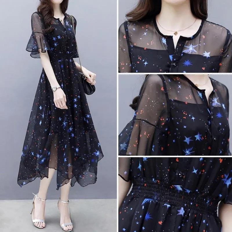 Dress Women Elegant Formal Women's Floral Dress Summer Slim Chiffon Dress Waist Slim Beach Chic Dress