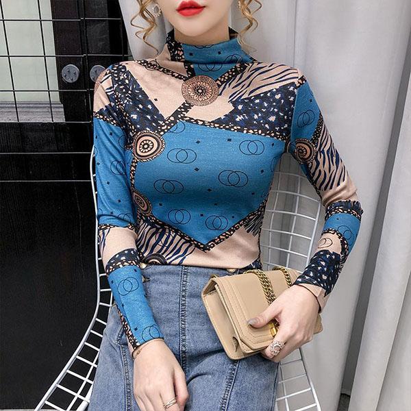 Spring and Autumn Slim Print High Neck Long Sleeve Tops Women's Large Size Stretchy Casual Bottoming Shirts