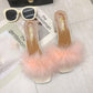 Fur Slippers Women Fluffy  Sandal Sliders Comfort Summer High -Heeled Open Toe  Sandal Slippers Sweet Ladies Block Heel Slippers Footwear