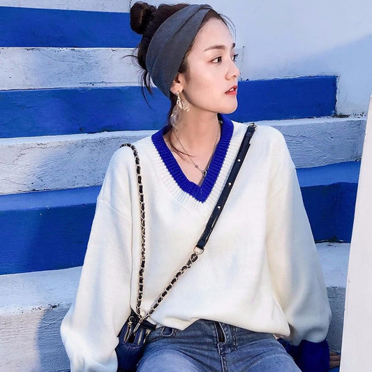 Pullover Sweater V-neck Flared Sleeve Loose Autumn Winter Sweet Korean Knitting Sweater