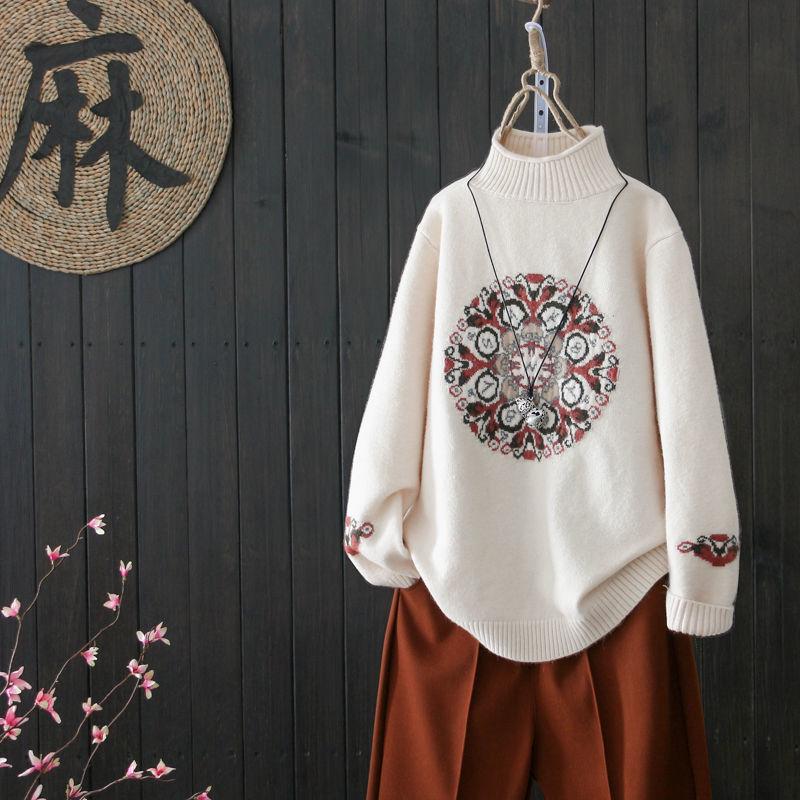 National Style Vintage Pullover Sweater Women Autumn Winter High-neck Plus Size Inner Base Sweater Loose Knitwear