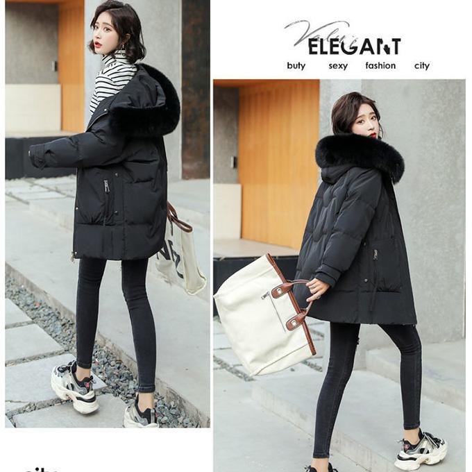 Women's Down Jacket Mid-length Thick Warm Winter Down Jacket Fluffy Big Fur Collar Warm Winter Thick Coat Thick Cotton Jacket Women