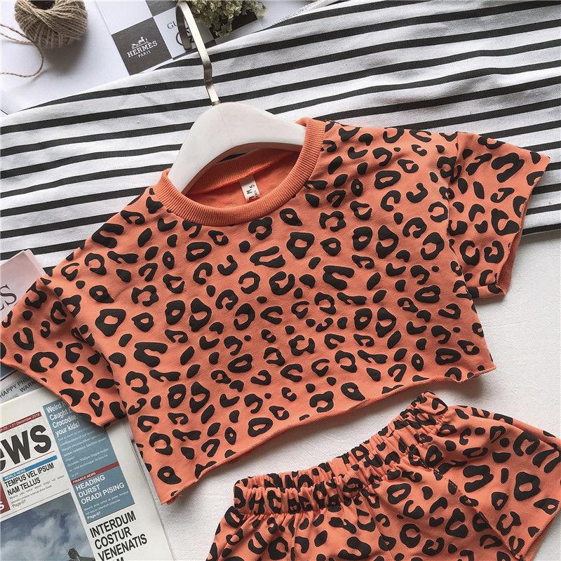 Girls' New Leopard Print Baby Summer Indoor Air-conditioning Suit Short-sleeved Shorts 2-piece Set