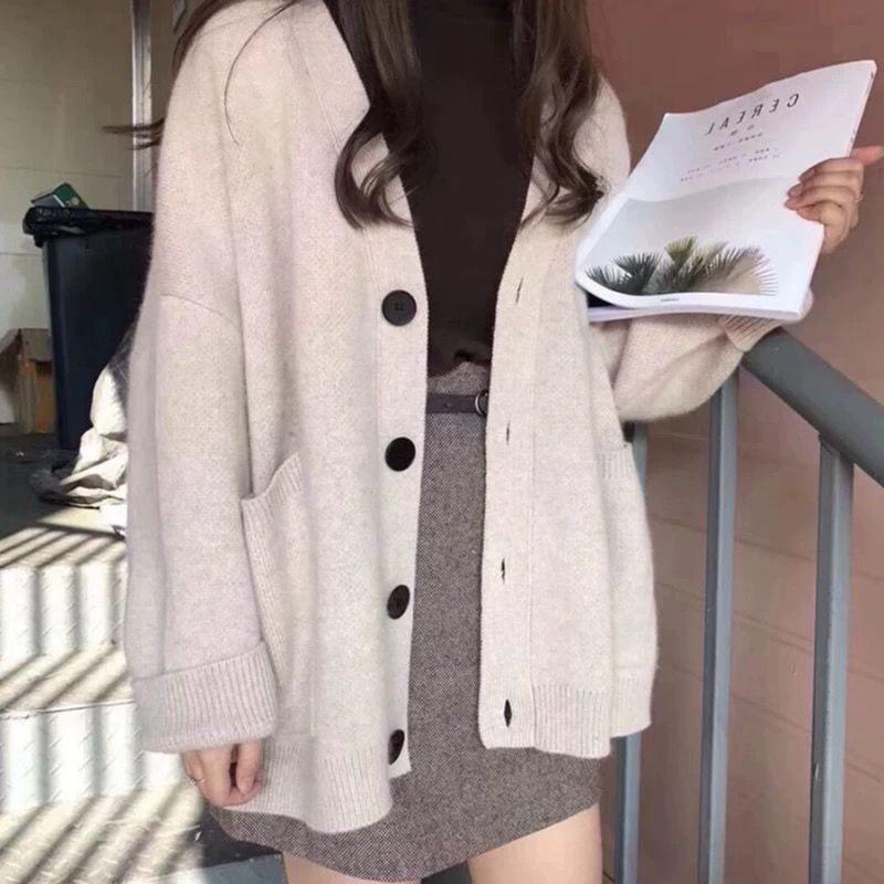 Women's Sweater Coat Loose V-neck Long-sleeved Cardigan Solid Color Sweater with Buttons