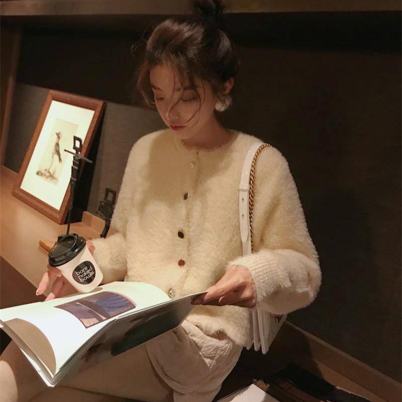 Women Faux Mink Cashmere Lazy Loose Crew Neck Sweater Knitted Cardigan Button Coat