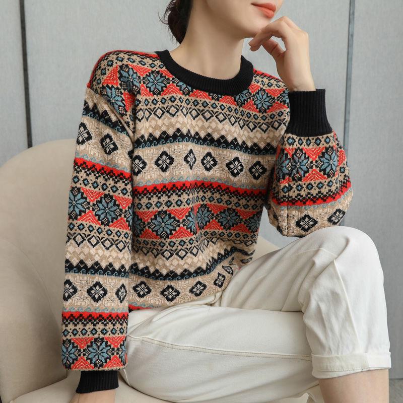 Round Neck Vintage Jacquard Woollen Sweater Women  Loose Outer Wear/bottoming  Knitted Pullover Top