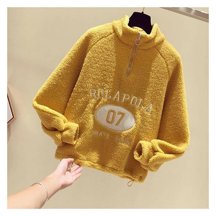 Faux Lamb Wool Plus Fleece Sweater Autumn and Winter Loose Half Zipper Coat Furry Padded Top