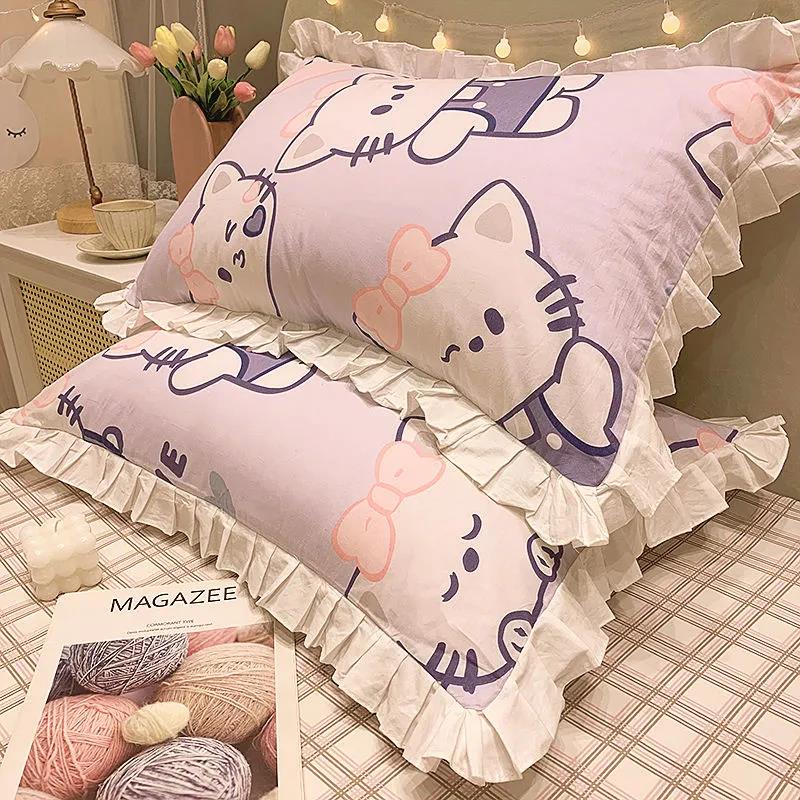 Princess Style Print Pillowcase Korean Style Fashion Lace Soft Pillow Core Cover A Pair of Cotton Pillowcases for Adults