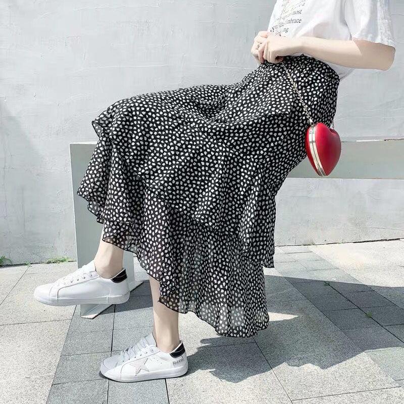 Vintage Floral Print Ruffle Pleated Long Skirts Summer Women Streetwear Elastic Waist Midi Skirt