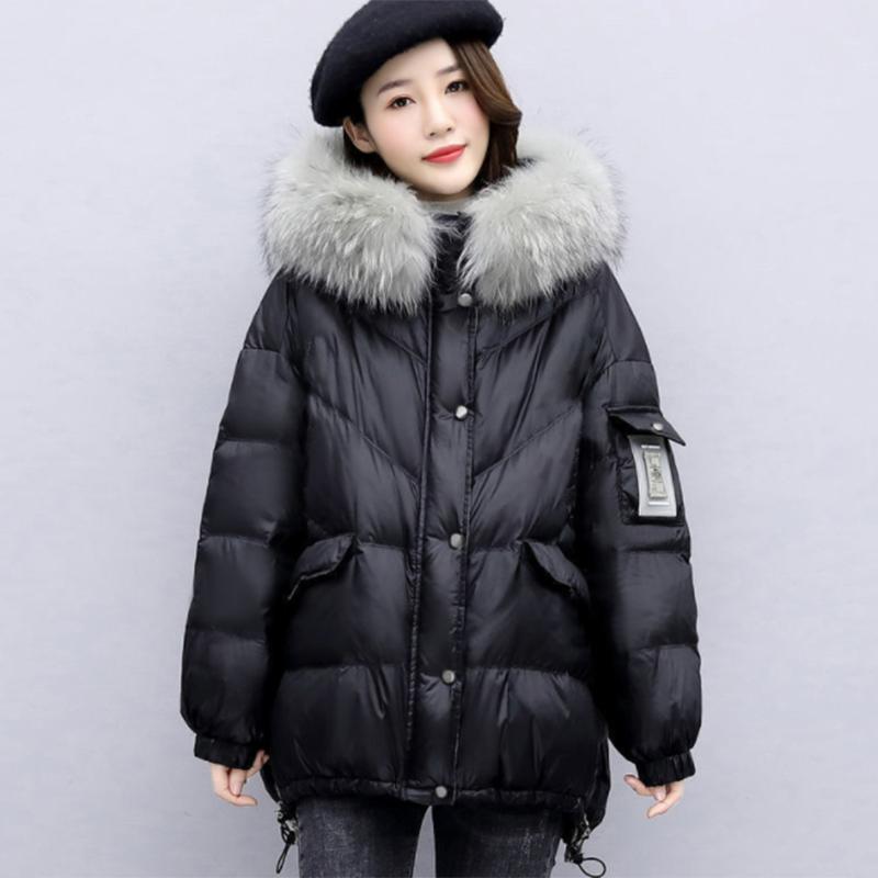Women's Shiny Down Padded Jacket Mid-length Korean Style Loose Padded Jacket Warm Cotton Coat Big Fur Collar Winter Clothes