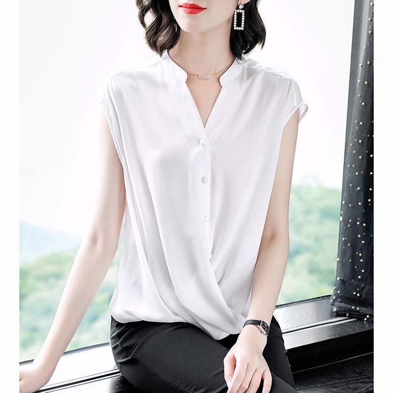 V-neck Chiffon Shirt Women's Summer Belly Cover Blouse Short-sleeved Loose Temperament Sleeveless Slim Solid Color Large Size Shirt Women Summer Top