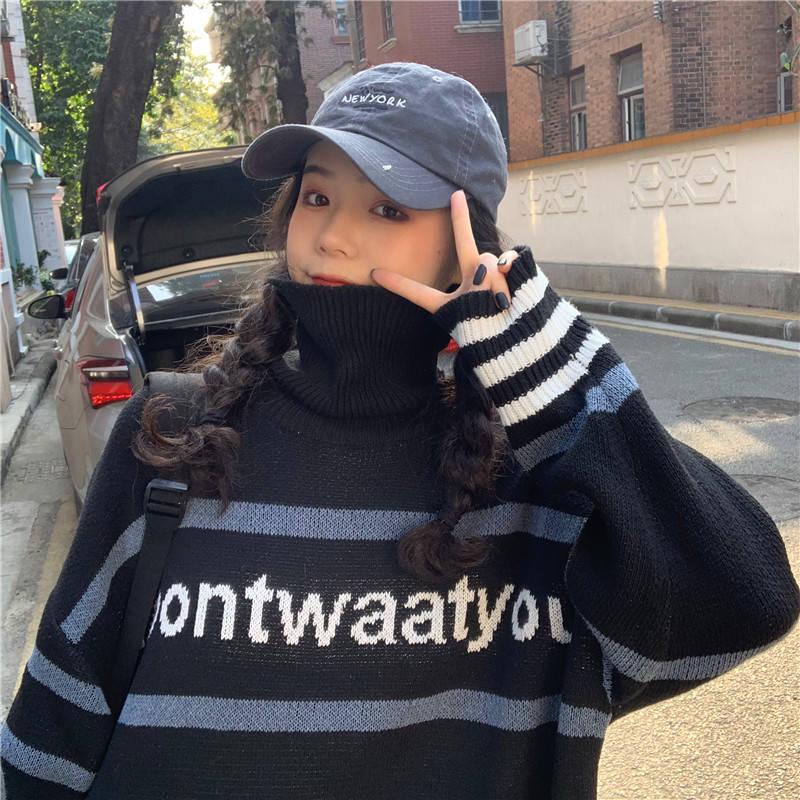 Turtleneck Color Matching Alphabet Sweater Schoolgirl Loose Wild Thick Sweater Winter Coat