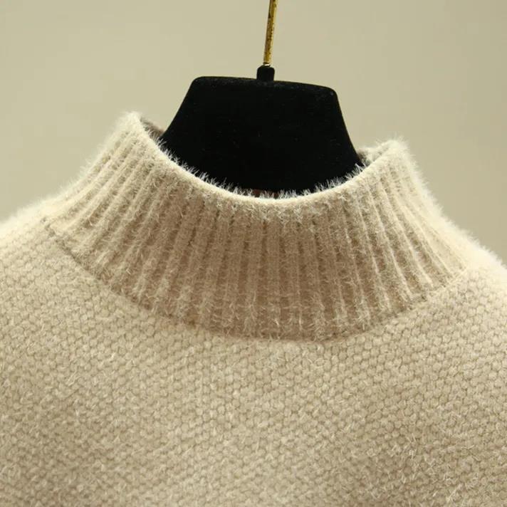 Women's Half Turtleneck Sweater Faux Mink Solid Color Sweater Side Slit Loose Plus Size Sweater