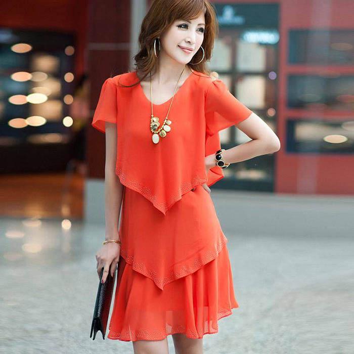 Pofulove L-5XL Women Plus Size Chiffon Dress Loose Mid-length V-neck A-line Beach Skirt Sun dresses