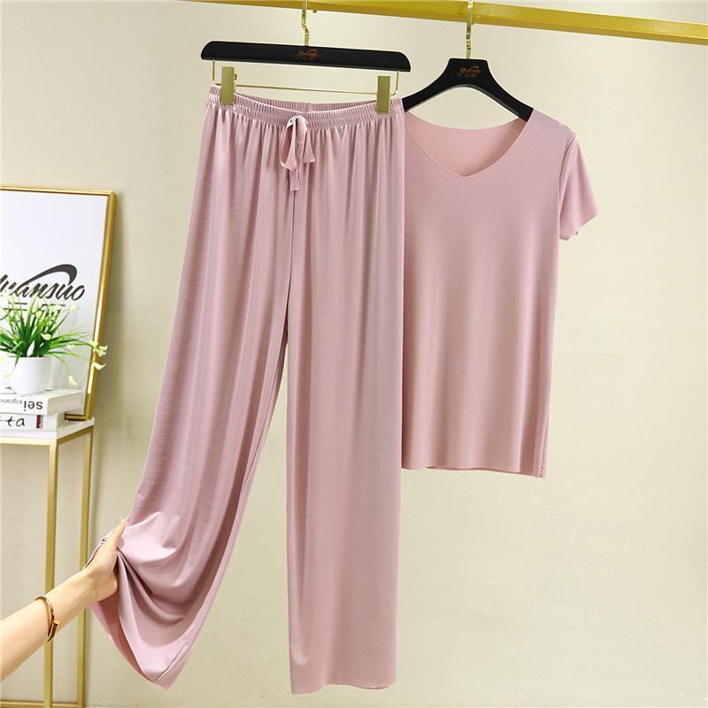 Ice Silk Pajamas Two-piece Short-sleeved Suit Women's Home Wear Casual Loose Wide-leg Pants Pajamas Fabric Light and Soft