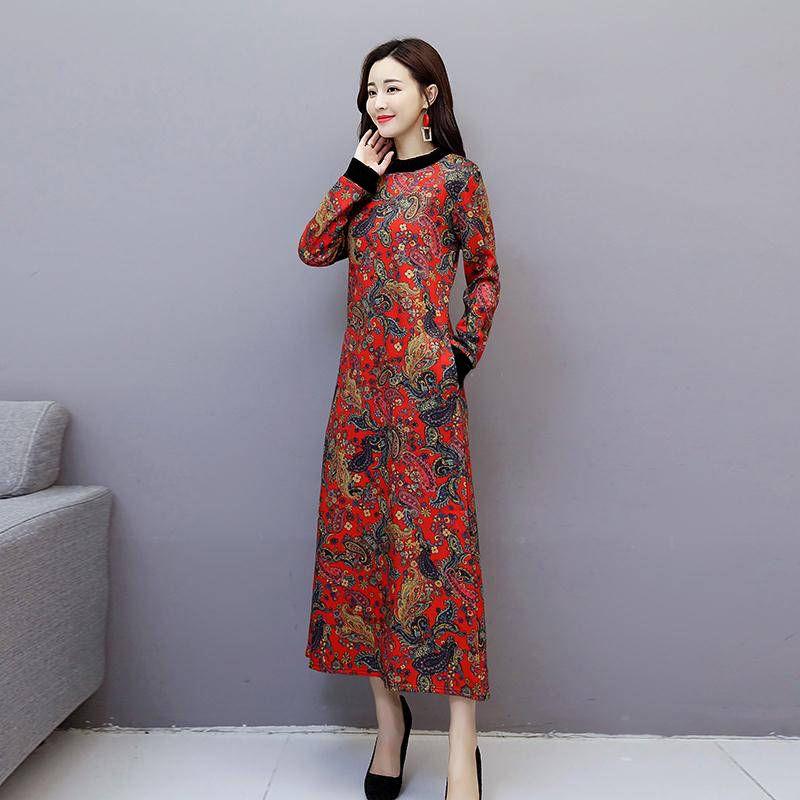 Pofulove Retro Plus Velvet Dress Female Turtleneck Over Knee Long Skirt Plus Size Cover Belly Fat