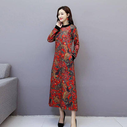 Pofulove Retro Plus Velvet Dress Female Turtleneck Over Knee Long Skirt Plus Size Cover Belly Fat