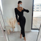 Deep Sexy V-neck Long-sleeved Lace-up Midi Skirt