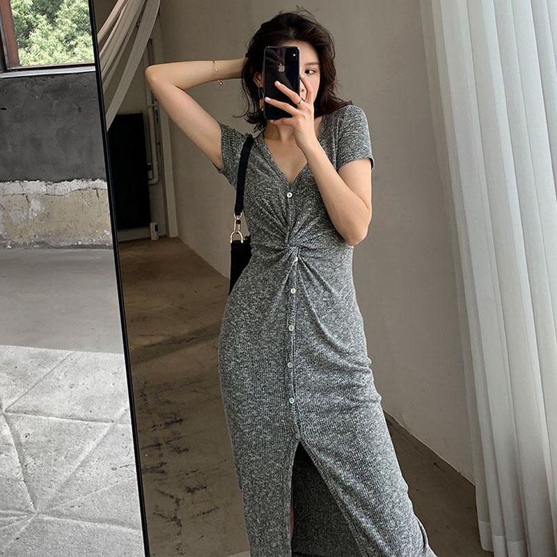 Women's Gray Ice Silk Knit Dress Female Summer Split  Slimming V-neck Maxi Dress Long Maxi Dress  Pleated   Split Dress