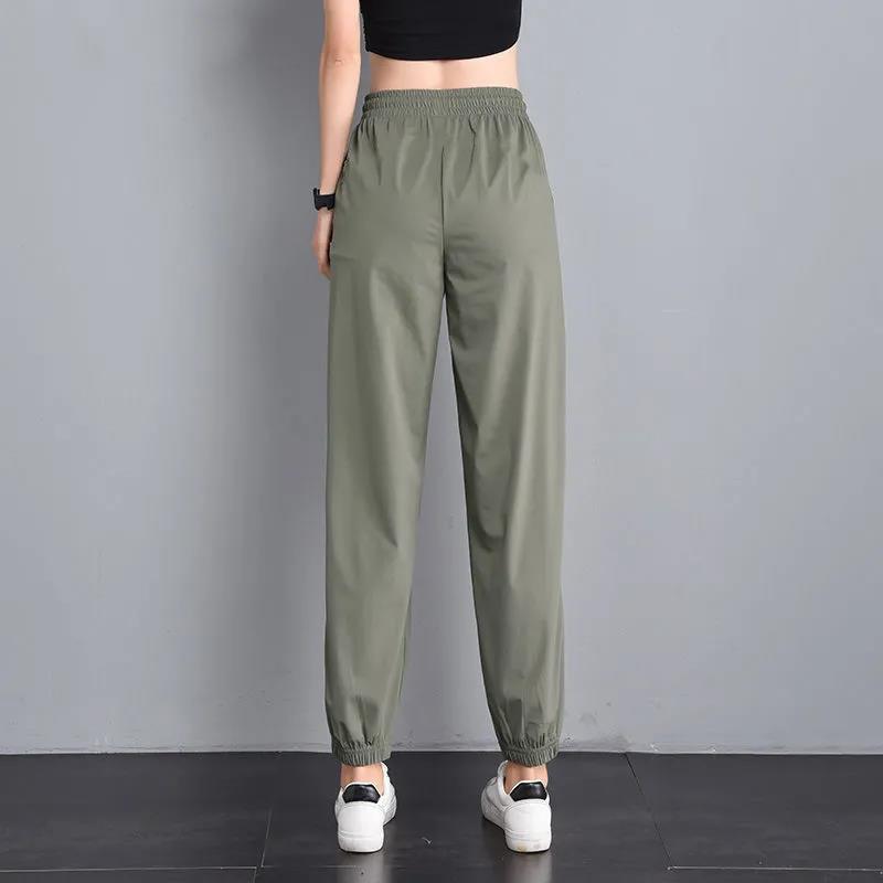 Summer Thin Ice Silk Pants Beam Foot Mosquito Pants Sports Pants Women's Black Loose and Thin High Waist Casual Harem Pants
