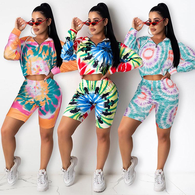 2PCS Women's Tie-Dye Hoodie Casual Home Sports Shorts Set Women's Fitness Set Girl's Gym Running Fitness Athletic Clothing Sets