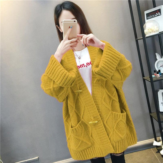 Women Sweater Sweater Loose Knit Cardigan Sweater Large Size Horn Button Sweater Autumn Winter Coat