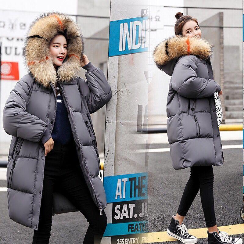 Women's Fashion Down Cotton Jacket Long Over The Knee Thickened Warm Coat Hooded Fur Collar Coat