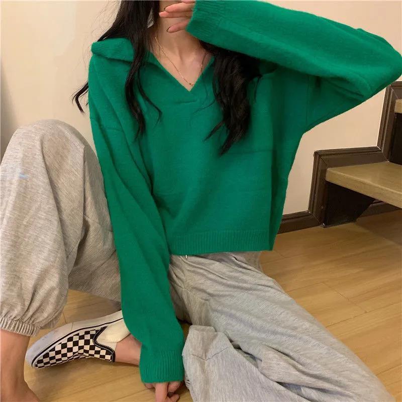 Autumn and Winter Students Lazy Wind V-neck Long-sleeved Sweater Loose Outer Wear Pullover Sweater Women