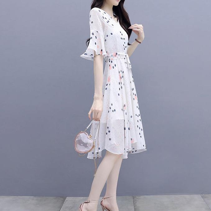 Women Summer Elegant Dress Vintage High Waist Fairy Casual Thin Dress Slim Vintage Dot Print V-neck Pleated Dress